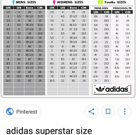 adidas superstar size chart